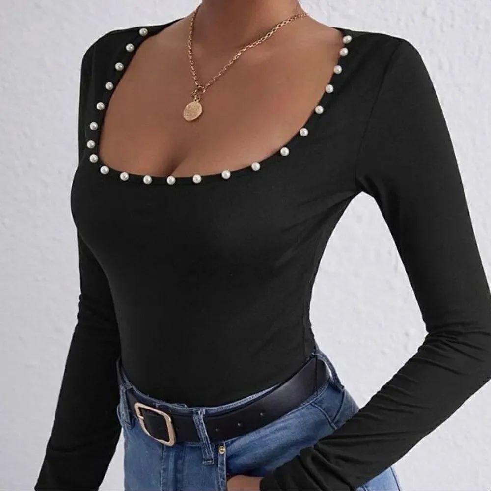 Faux pearl trim long sleeve top - perfect for back to school clothes
